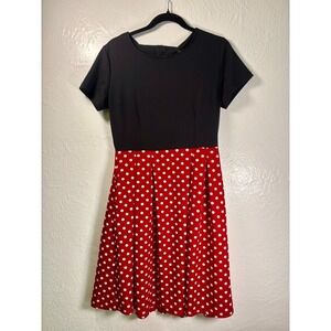 Oxiuly Black Red Polka Dot Dress Fit Flare Sz L Pockets Disneybound Retro Cute